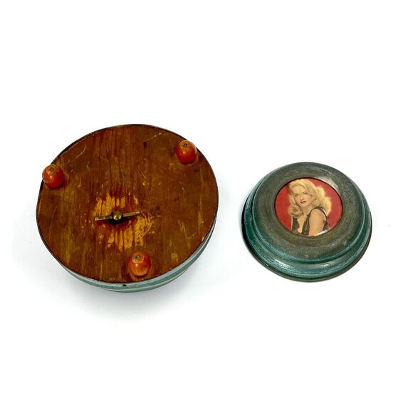 Vtg Blue Metallic Vanity Music Powder Puff Box w Pin-Up Girl Portrait Wood Feet - Picture 6 of 8
